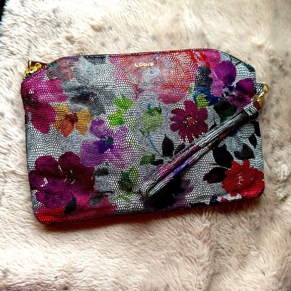 Lodis Floral Embossed Leather RFID Wristlet Clutch NWOT Purple Pink Multicolor - Picture 1 of 7